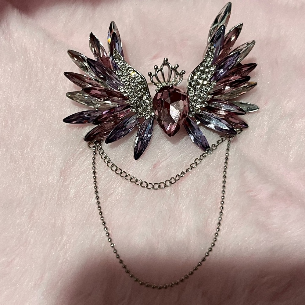 Purple/Silver Crystal Wing Brooch Pin with Chains